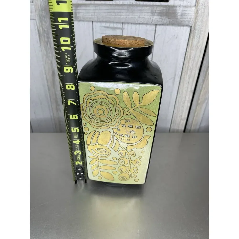 Vintage Hand Painted Ceramic Vase Metallic Floral Design 70s Green Black